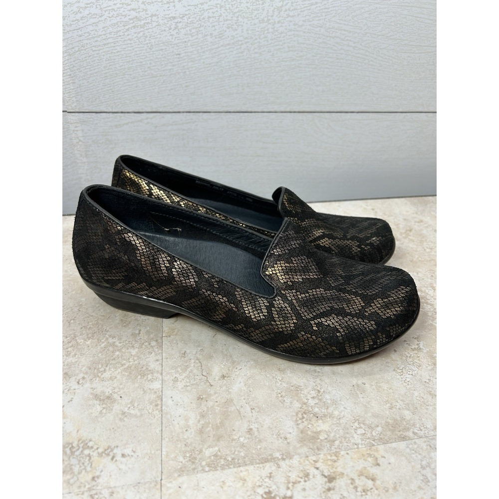 Dansko Olivia Sz 36 US 7.5-8 Shoes Loafers Flats Snakeskin ‎ Print Black Gold
